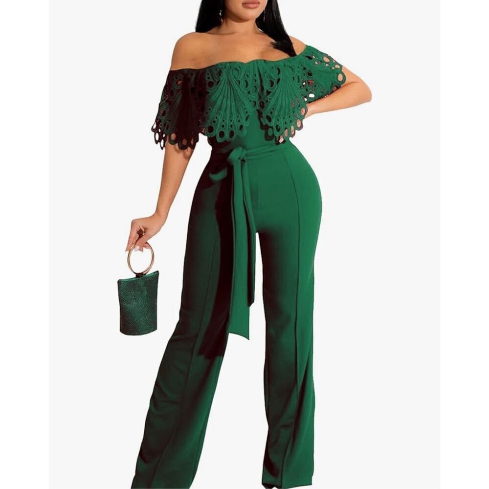 NEW Green Off Shoulder Solid Wide Leg Jumpsuits L NO BELT